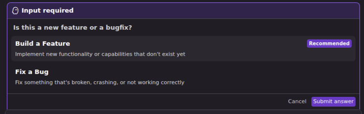 Kiro asking to select Build a Feature or Fix a Bug — select Build a Feature