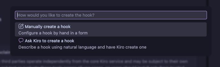 Hook creation dialog showing Manually create a hook and Ask Kiro to create a hook options