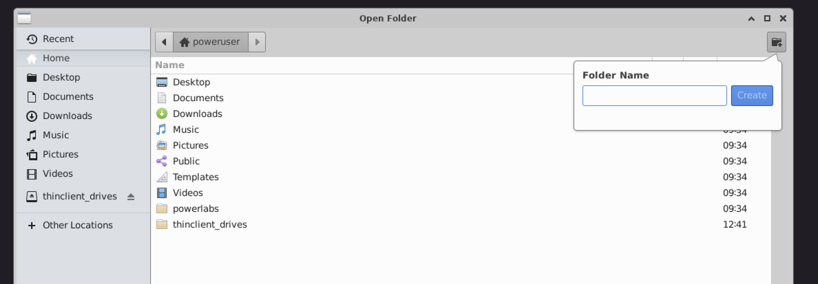 File browser showing the Folder Name field and Create button to make a new folder