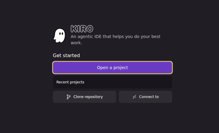 Kiro welcome screen with Open a project button highlighted