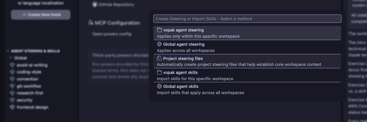Screenshot showing the + button dropdown with Project steering files option highlighted