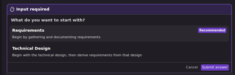 Kiro asking to start with Requirements or Technical Design — select Requirements