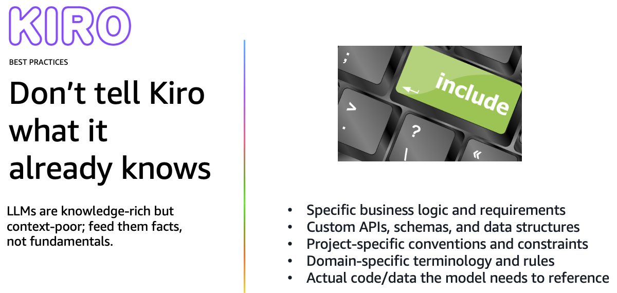 What to include in steering: project-specific facts, conventions, constraints, architecture decisions